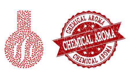 Mosaic chemical aroma composed with red valentine hearts, and isolated grunge seal. Composition for Valentines Day. Chemical aroma concept constructed with small scattered romantic heart objects.のイラスト素材