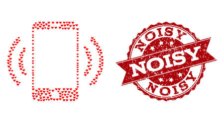 Mosaic cellphone vibration composed with red love hearts, and isolated rubber seal. Composition for Valentines Day. Cellphone vibration concept constructed with small random romance heart elements.のイラスト素材