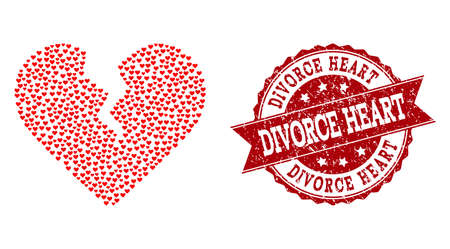 Collage divorce heart designed with red love hearts, and isolated rubber watermark. Composition for Valentines Day. Divorce heart concept constructed with small randomized amour heart items.のイラスト素材