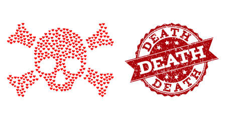 Collage death skull composed with red valentine hearts, and isolated grunge stamp. Composition for Valentines Day. Death skull concept constructed with small scattered dating heart elements.のイラスト素材