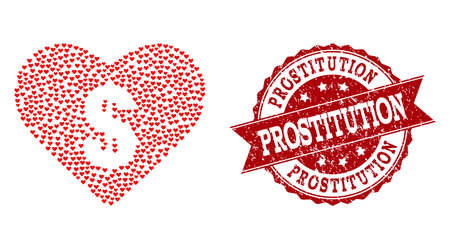 Mosaic love price created with red love hearts, and isolated grunge watermark. Composition for Valentines Day. Love price concept constructed with small random romantic heart symbols.のイラスト素材