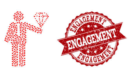 Collage groom diamond created with red love hearts, and isolated grunge stamp. Composition for Valentines Day. Groom diamond concept constructed with small scattered romantic heart items.のイラスト素材