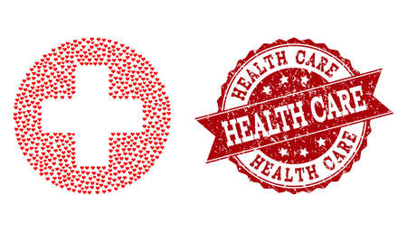 Collage medical cross created with red love hearts, and isolated grunge watermark. Composition for Valentines Day. Medical cross concept constructed with small randomized wedding heart elements.のイラスト素材