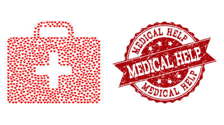 Collage medical kit case composed with red valentine hearts, and isolated grunge stamp. Composition for Valentines Day. Medical kit case concept constructed with small random wedding heart components.のイラスト素材