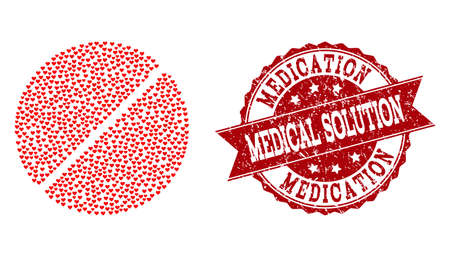 Mosaic medication tablet created with red valentine hearts, and isolated rubber seal. Composition for Valentines Day. Medication tablet concept constructed with small scattered amour heart objects.のイラスト素材