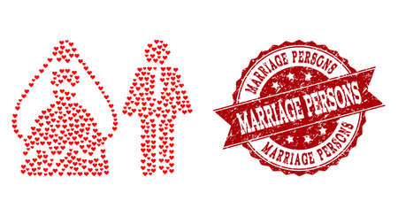 Mosaic marriage persons designed with red love hearts, and isolated rubber watermark. Composition for Valentines Day. Marriage persons concept constructed with small randomized romantic heart symbols.のイラスト素材