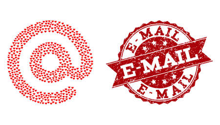 Collage email symbol designed with red valentine hearts, and isolated rubber stamp. Composition for Valentines Day. Email symbol concept constructed with small scattered dating heart components.のイラスト素材