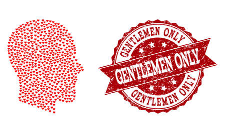 Mosaic gentleman profile designed with red valentine hearts, and isolated grunge watermark. Composition for Valentines Day.のイラスト素材