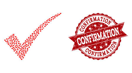 Mosaic confirm tick designed with red love hearts, and isolated grunge watermark. Composition for Valentines Day. Confirm tick concept constructed with small random romance heart elements.のイラスト素材