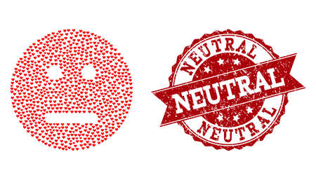 Mosaic neutral smiley created with red valentine hearts, and isolated grunge seal. Composition for Valentines Day. Neutral smiley concept constructed with small random amour heart symbols.のイラスト素材