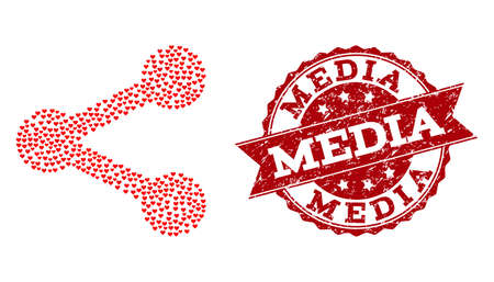 Collage share created with red valentine hearts, and isolated grunge seal. Composition for Valentines Day. Share concept constructed with small scattered romantic heart items.のイラスト素材