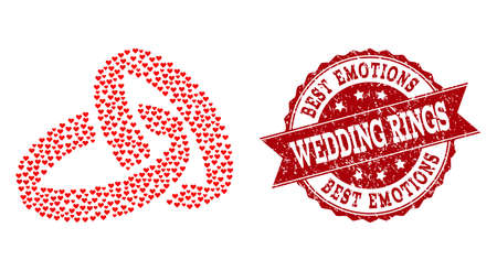 Collage wedding rings formed with red valentine hearts, and isolated rubber watermark. Composition for Valentines Day. Wedding rings concept constructed with small random amour heart symbols.のイラスト素材