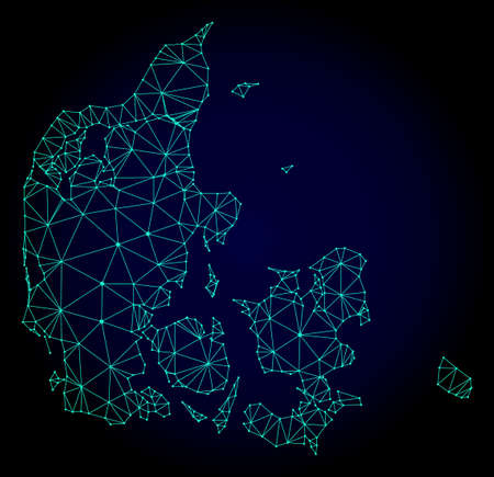 Polygonal mesh map of Denmark. Abstract mesh lines, triangles and points on dark background with map...