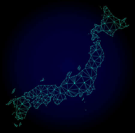 Polygonal mesh map of Japan. Abstract mesh lines, triangles and points on dark background with map of Japan. Wire frame 2D polygonal line network in vector format on a dark blue background.のイラスト素材