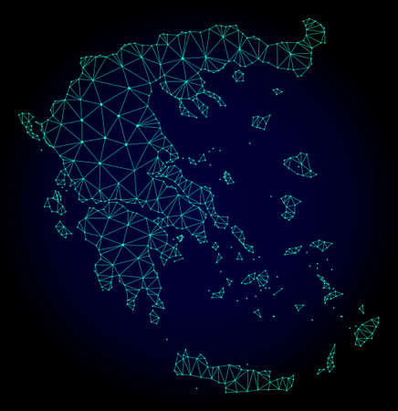 Polygonal mesh map of Greece. Abstract mesh lines, triangles and points on dark background with map of Greece. Wire frame 2D polygonal line network in vector format on a dark blue background.のイラスト素材