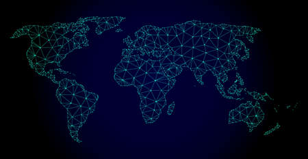 Polygonal mesh map of world. Abstract mesh lines, triangles and points on dark background with map of world. Wire frame 2D polygonal line network in vector format on a dark blue background.のイラスト素材