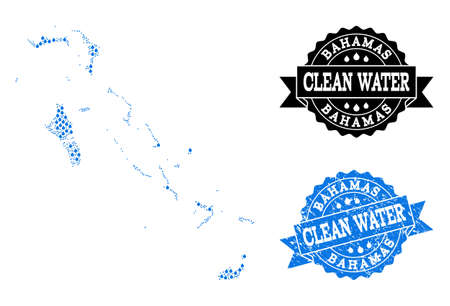 Map of Bahamas Islands vector mosaic and clean water grunge stamp. Map of Bahamas Islands formed with blue aqua tears. Seal with grunge rubber texture for pure drinking water.のイラスト素材