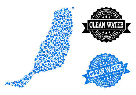 Map of Fuerteventura Island vector mosaic and clean water grunge stamp. Map of Fuerteventura Island formed with blue aqua tears. Seal with grunge rubber texture for clean drinking water.のイラスト素材
