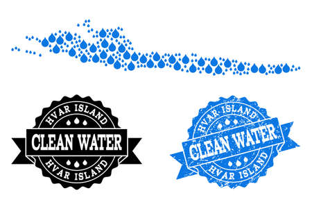 Map of Hvar Island vector mosaic and clean water grunge stamp. Map of Hvar Island created with blue liquid raindrops. Seal with scratched rubber texture for clean drinking water.のイラスト素材