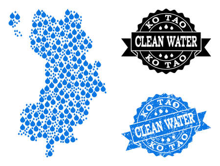 Map of Ko Tao vector mosaic and clean water grunge stamp. Map of Ko Tao formed with blue water drops. Seal with unclean rubber texture for clean drinking water.のイラスト素材