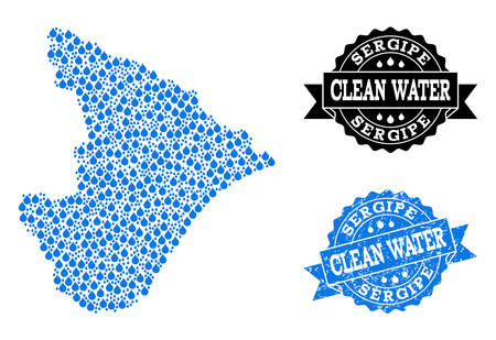 Map of Sergipe State vector mosaic and clean water grunge stamp. Map of Sergipe State formed with blue water raindrops. Seal with unclean rubber texture for clean drinking water.のイラスト素材