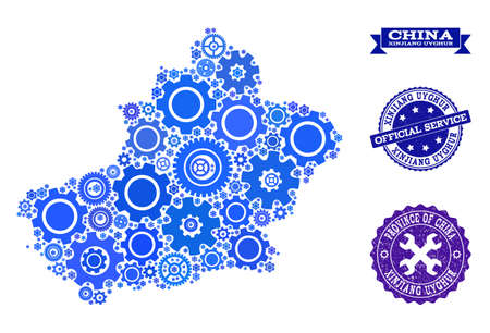 Map of Xinjiang Uyghur Region composed with blue wheel symbols, and isolated grunge seals for official repair services.のイラスト素材