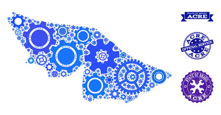 Map of Acre State composed with blue gear symbols, and isolated rubber stamps for official repair services. Vector abstract mosaic of map of Acre State with repair symbols in blue color tints.のイラスト素材
