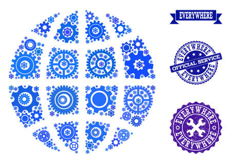 Globe created with blue engine symbols, and isolated rubber watermarks for official repair services. Vector abstract collage of globe with repair symbols in blue color tones.のイラスト素材
