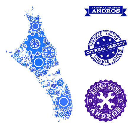 Map of Bahamas - Andros Island designed with blue gear symbols, and isolated scratched stamps for official repair services.のイラスト素材