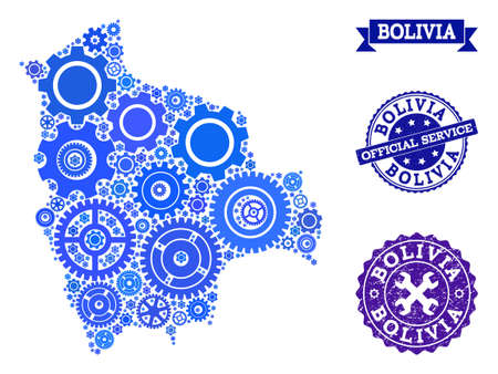 Map of Bolivia created with blue cog symbols, and isolated scratched seals for official repair services. Vector abstract mosaic of map of Bolivia with repair symbols in blue shades.のイラスト素材