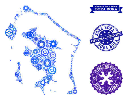 Map of Bora-Bora formed with blue cog symbols, and isolated rubber stamps for official repair services. Vector abstract mosaic of map of Bora-Bora with repair symbols in blue color tints.のイラスト素材