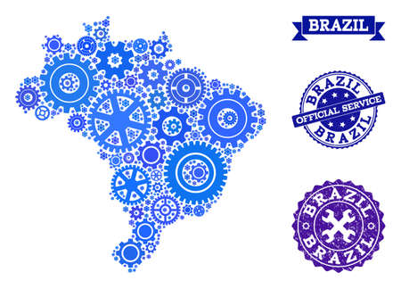 Map of Brazil created with blue gear symbols, and isolated scratched seals for official repair services. Vector abstract collage of map of Brazil with industry symbols in blue hues.のイラスト素材
