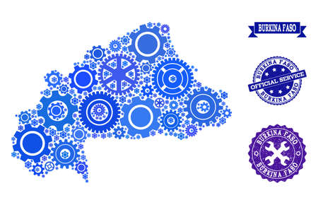 Map of Burkina Faso composed with blue gear symbols, and isolated grunge stamps for official repair services. Vector abstract mosaic of map of Burkina Faso with repair symbols in blue color hues.のイラスト素材