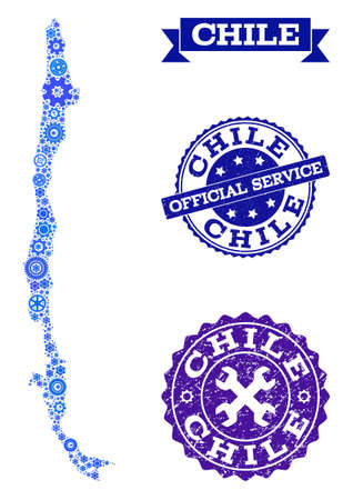 Map of Chile formed with blue gear symbols, and isolated grunge seals for official repair services. Vector abstract mosaic of map of Chile with work symbols in blue color hues.のイラスト素材