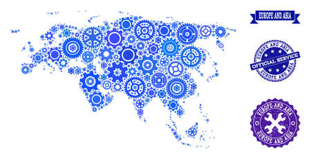 Map of Europe and Asia composed with blue gear items, and isolated rubber stamps for official repair services. Vector abstract mosaic of map of Europe and Asia with work symbols in blue color tints.のイラスト素材
