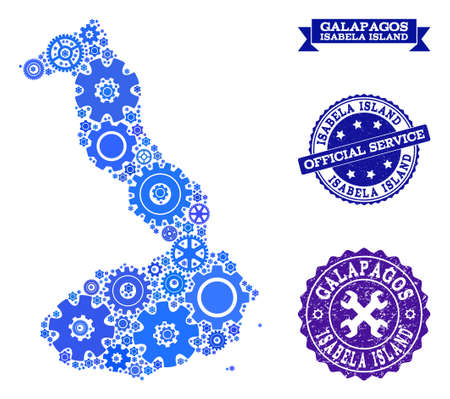 Map of Galapagos - Isabela Island created with blue engine items, and isolated rubber seals for official repair services.のイラスト素材