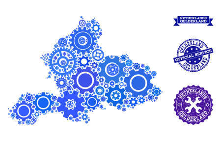 Map of Gelderland Province composed with blue gear items, and isolated scratched watermarks for official repair services.のイラスト素材