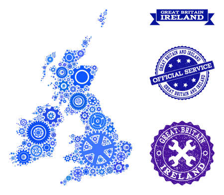 Map of Great Britain and Ireland composed with blue gear symbols, and isolated scratched watermarks for official repair services.のイラスト素材