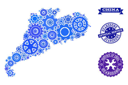 Map of Guangdong Province designed with blue gear symbols, and isolated scratched watermarks for official repair services.のイラスト素材