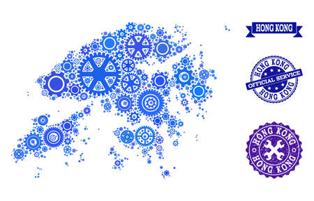 Map of Hong Kong created with blue wheel symbols, and isolated grunge watermarks for official repair services. Vector abstract collage of map of Hong Kong with repair symbols in blue color tinges.のイラスト素材