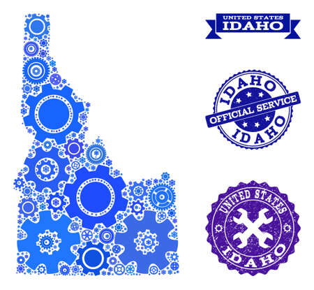 Map of Idaho State formed with blue engine symbols, and isolated scratched watermarks for official repair services.のイラスト素材