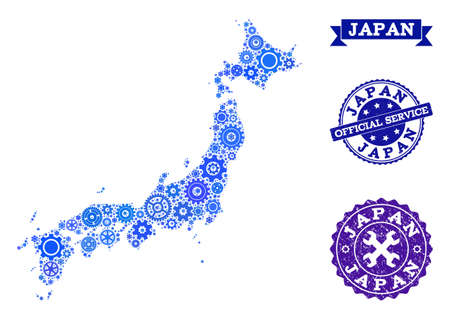 Map of Japan formed with blue wheel items, and isolated scratched stamps for official repair services. Vector abstract collage of map of Japan with repair symbols in blue color tinges.のイラスト素材