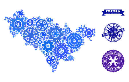 Map of Jilin Province formed with blue gear symbols, and isolated scratched seals for official repair services.のイラスト素材