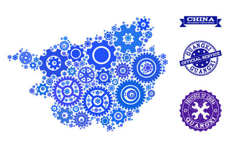 Map of Guangxi Province designed with blue cog symbols, and isolated grunge stamps for official repair services.のイラスト素材
