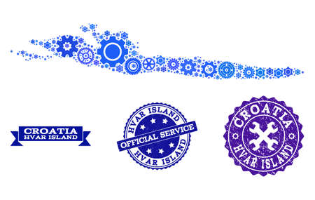 Map of Hvar Island composed with blue gear items, and isolated grunge stamps for official repair services. Vector abstract mosaic of map of Hvar Island with mechanics symbols in blue shades.のイラスト素材