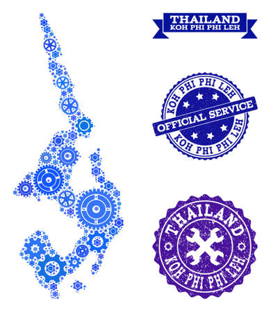 Map of Koh Phi Leh composed with blue cog symbols, and isolated scratched seals for official repair services.のイラスト素材