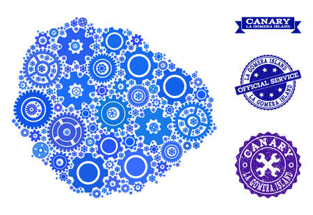 Map of La Gomera Island designed with blue wheel symbols, and isolated rubber stamps for official repair services.のイラスト素材