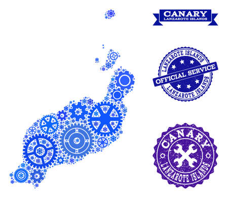 Map of Lanzarote Islands composed with blue gear components, and isolated rubber watermarks for official repair services.のイラスト素材