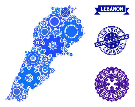 Map of Lebanon composed with blue gear symbols, and isolated rubber watermarks for official repair services. Vector abstract mosaic of map of Lebanon with repair symbols in blue color tinges.のイラスト素材