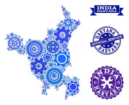 Map of Haryana State designed with blue cog items, and isolated rubber watermarks for official repair services. Vector abstract collage of map of Haryana State with repair symbols in blue color hues.のイラスト素材